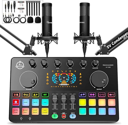 Podcast Equipment Bundle for 2, Audio Interface with Condenser Microphone, Voice Change, DJ Mixer for Streaming, Podcast Recording COMMANDER M100 3rd