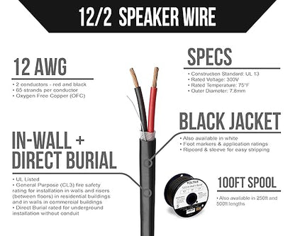 Voltive 12/2 Speaker Wire, in-Wall CL3 & Direct Burial, Black, 100ft - 12AWG, 2 Conductors, Stranded Oxygen-Free Copper, UL Listed - V-1206-1