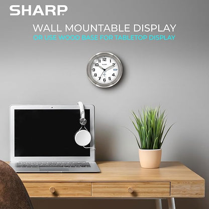 Sharp Silent Sweep Quartz Analog Desk Clock with Alarm Status Indicator on Dial, Brushed Metal Clock with Genuine Wood Stand, Great Gift for Home or Office