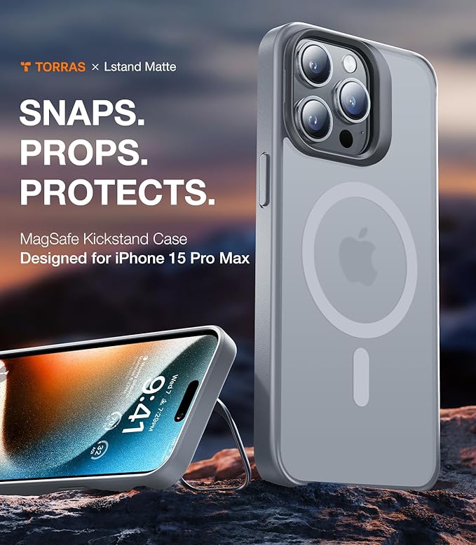 TORRAS Magnetic for iPhone 15 Pro Case, Compatible with MagSafe, Invisible Camera Kickstand, Military-Grade Shockproof Translucent Anti-Scratch Hard Back and Soft Edge Phone Case, Natural Titanium