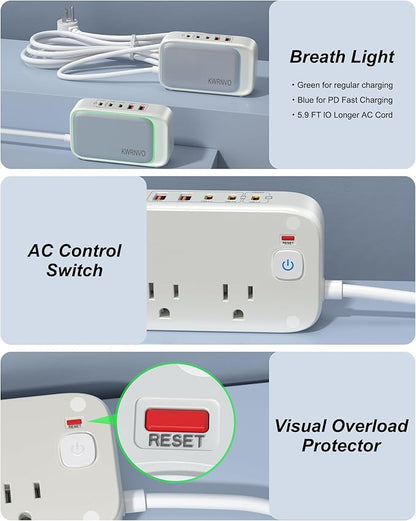 KWRNVO 5FT Portable USB C Power Strip Surge Protector PD 20W Flat Wall Plug Charger Multipl Outlets with 2500W AC Outlets, 3 USB-C Ports, 2 USB-A Ports for Home/Office/Travel