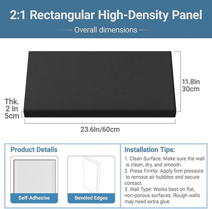4 Pack High-Density Core with Fabric Cover Acoustic Panels – 24×12×2 In Self-Adhesive Soundproofing and Sound-Absorbing Wall Panels for Echo Reduction in Studio, Theater, or Recording (Midnight Black)