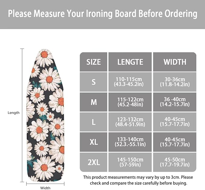 ZCFYGDX Breathable Ironing Board Cover,Resist Scorch Polyester & Staining,Wear & Soil Resistant Covers, Easy Installation 3 Fasteners,Elastic Edges (18 x 58 inch) Oil Painting White Daisy Print