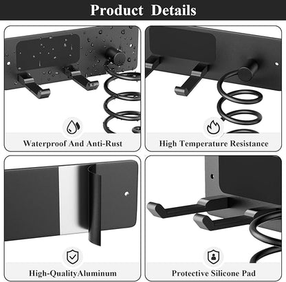 Tindbea Hair Dryer Holder + Curling Iron Holder,Blow Dryer Holder Wall Mount, Bathroom Hair Tool Organizer Rack for Universal Dryer Matte Black