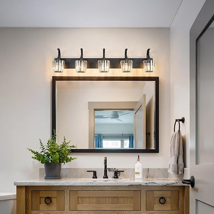 FDPBY Modern Bathroom Vanity Light, 5-Light Black Wall Sconce with Crystal Accents, Over Mirror Bathroom Lighting Fixture, 42.51" Long Dimmable Vanity Lamp for Makeup, Easy Installation