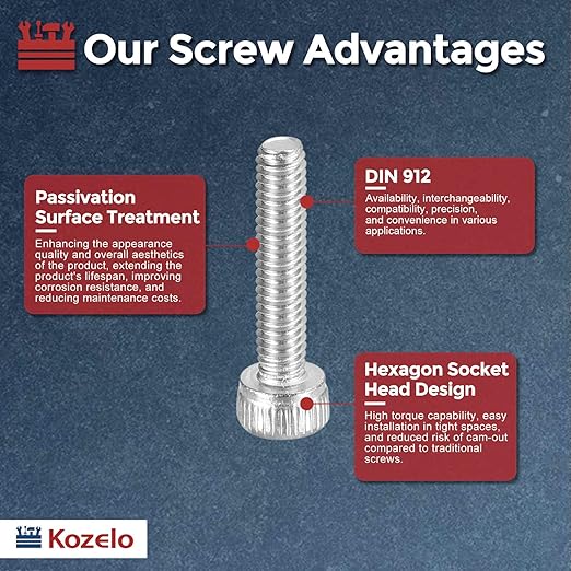 Kozelo 50pcs Socket Head Cap Screws - [M2.5-0.45 x 12mm] 304 Stainless Steel Allen Socket Drive for Electrical Motor 3D Printing Fan Engine Replacement Use, Silver