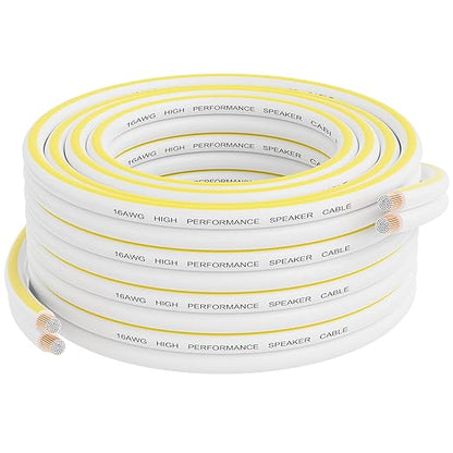 Mygatti Speaker Wire 50 FT, 16/2 Gauge Audio Speaker Wire, for Car Speakers Stereo, Home Theater, Automotive Wire, White Jacket with Yellow Polarity Marker, 16AWG CCA, 2 Conductors Electrical Wire