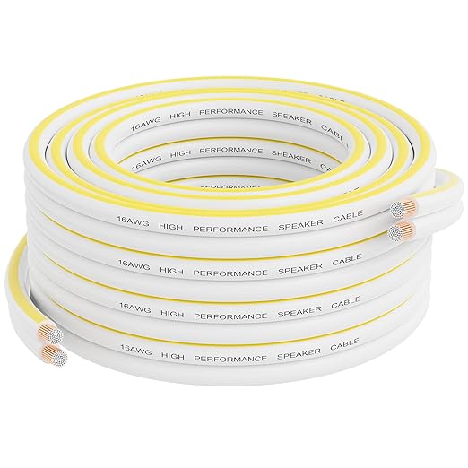 Mygatti 16AWG Speaker Wire 25 FT, 16/2 Gauge Audio Speaker Wire, for Car Speakers Stereo, Home Theater, Automotive Wire, White Jacket with Yellow Polarity Marker, CCA, 2 Conductors Electrical Wire
