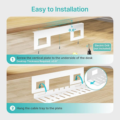 PEGZONE Under Desk Cable Management Tray, 15.7 Inches Metal Cord Organizer Rack, Desk Tray for Power Strip, Cord, Wire, Easy Mounting Cable Management Under Table for Home Office, White