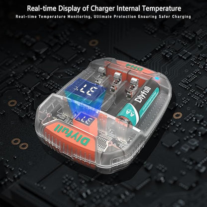 Dlyfull 4 Bay AA AAA Battery Charger with Temperature Monitoring, Independent Slots for 1.5V Lithium & 1.2V NiMH NiCd Rechargeable Batteries, Cable Included