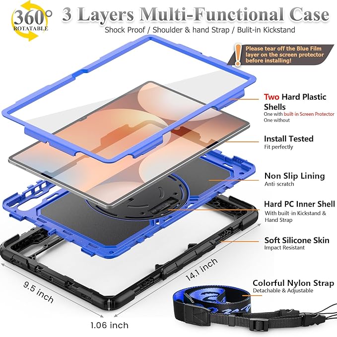 SEYMAC stock Case for Samsung Galaxy Tab S10 Ultra / S9 Ultra Tablet Case 14.6'' with Screen Protector, Pencil Holder, 360 Rotate Stand, Hand Strap, Shoulder Strap, Blue1