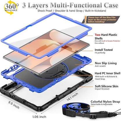 SEYMAC stock Case for Samsung Galaxy Tab S10 Ultra / S9 Ultra Tablet Case 14.6'' with Screen Protector, Pencil Holder, 360 Rotate Stand, Hand Strap, Shoulder Strap, Blue1