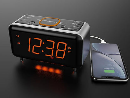 Emerson CKS1521-A SmartSet Bluetooth Dual Alarm Clock Radio with 1.4” Orange LED Display, Auto Time-Set, USB Phone Charger, FM Radio, AUX Input, Auto-Dimmer & Orange Accent Light
