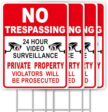 NO Trespassing Signs Private Property Video Surveillance Sign, Large 4-Pack 13"x10" Double-Sided Signs, Corrugated Plastic, H-Metal Stakes, Outdoor Yard Sign for Home and Front Door Land, and Garden, Lawn
