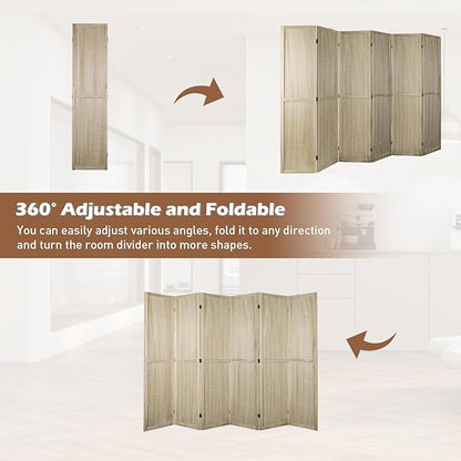 ECOMEX 6 Panel Room Divider, 5.6Ft Pegboard Display Wooden Folding Privacy Screen Freestanding Peg Board for Trade Show Craft Show Home Wall Organizer, Natural Wood