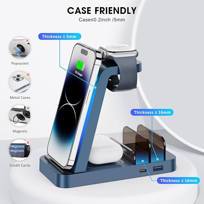 Wireless Charger for iPhone - 5 in 1 Charging Station for Multiple Devices Apple: Fast Wireless Charging Stand Dock for iPhone 16e 16 15 14 13 12 Pro Max Apple Watch Airpods(Blue)