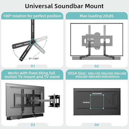 HCMOUNTING Soundbar Mount Bracket, Sound Bar Mounts Under TV or Above TV Fits Most Sound Bars Up to 20 Lbs, Soundbar TV Mount with 180° Adjustable Extension Plates and L-Shaped Hooks