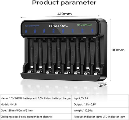 POWEROWL Smart Battery Charger for AA AAA Ni-MH/1.5V Lithium Rechargeable Batteries, Type-C Input, 8-Slot