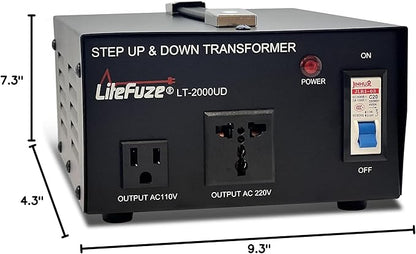 LiteFuze 2000 Watt Voltage Converter Transformer Step Up/Down - 110v to 220v / 220v to 110v Power Converter - Fully USA Grounded Cord - Universal Outlet Socket, 2x US Outlets - CE Certified