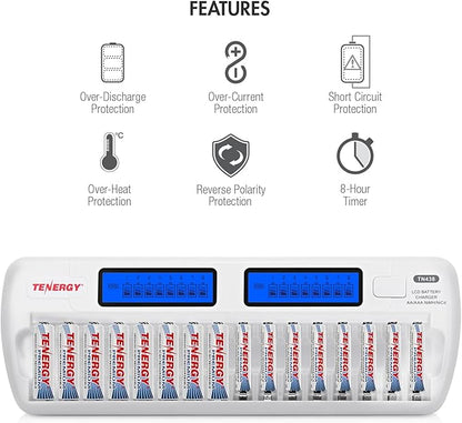 Tenergy TN438 16-Slot Smart Battery Charger for AA/AAA NiMH/NiCd LCD Display + 16 Premium Rechargeable AA Batteries