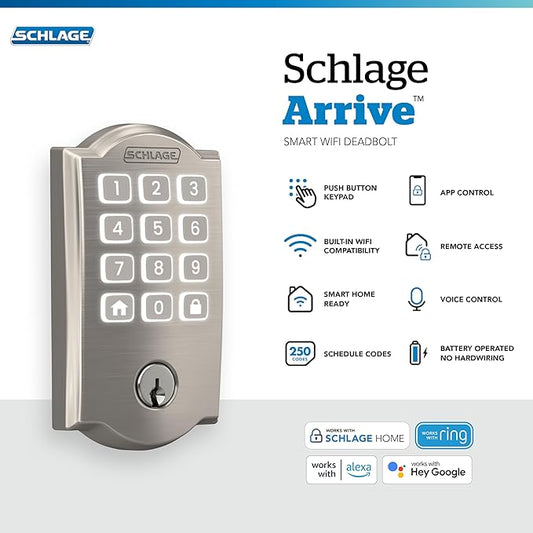 Schlage Arrive WiFi Deadbolt Smart Lock, Keyless Entry Door Lock with Camelot Trim, Satin Nickel, Compatible with Alexa and Google, BE459WB CAM 619