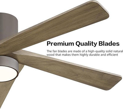 WINGBO 48 Inch Flush Mount DC Ceiling Fan with Lights and Remote, 5 Reversible Carved Wood Blades, 6-Speed Noiseless DC Motor, Hugger Ceiling Fan in Graphite Finish with Gray Blades, ETL Listed