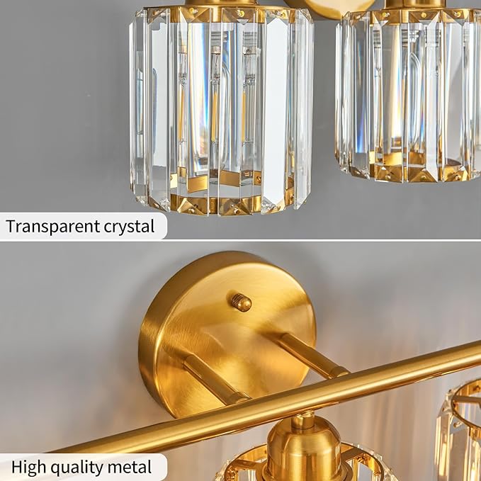 FDPBY Modern 4 Light Crystal Vanity Light, Brushed Gold Vertical Bathroom Light Fixture Over Mirror for Dressing Table Sink, Compatible with Dimmable Bulbs (Bulbs Not Included)