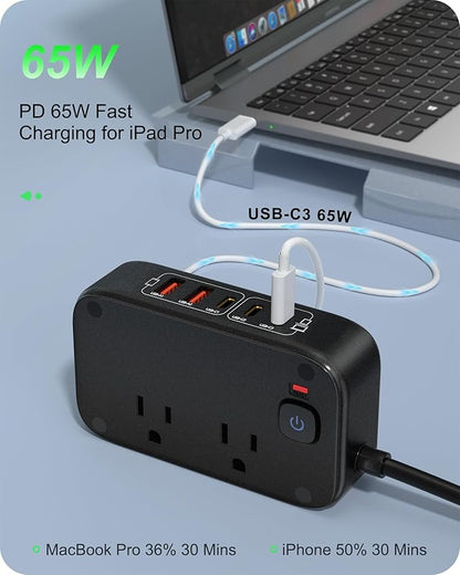 KWRNVO 7-in-1 Power Strip, PD GaN 65W USB C Power Strip with 3 USB-C, 2 USB-A Ports and 2500W AC Outlet, Flat Plug Essentials for Home/Office/College/Travel (Pearl Black, 65W)