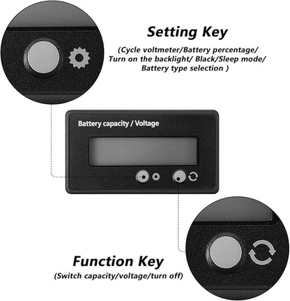 Frienda 2 Pieces Dc 12v 24v 36v 48v 60v 72v 84v Golf Cart Battery Meter with Alarm, Front Setting and Switch Key Battery Capacity Voltage Indicator Gauge Acid and Lithium Ion Indicator(Blue)