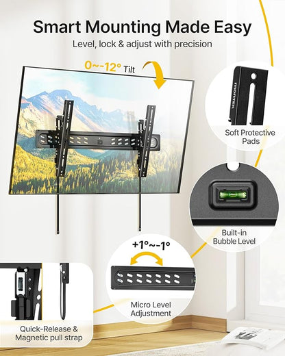 monTEK Ultra Slim Tilting TV Wall Mount Bracket for 43–95" Flat & Curved TVs, 1.2" Low Profile, Anti-Glare Tilt, Holds 150 lbs, Supports VESA 800x400, Fits 16"/18"/24"/32" Studs, TM1006W-LT