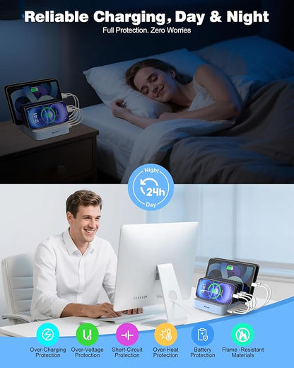 MSTJRY Charging Station for Multiple Devices : 5 Port Multi USB-A Charger Stations Multi-Device Organizer Charging Dock Designed for iPhone iPad Cell Phone Tablets (7 Short Cables Included), Blue