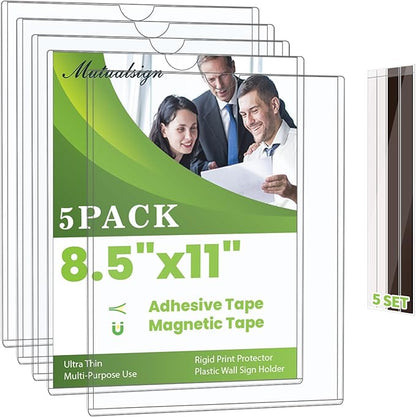 Mutualsign 5pcs Wall Sign Holder 8.5"x11" Magnetic Sign Holder, Rigid Print Protectors with Magnet Strips and Adhesive Strips, Wall Mount Plastic Paper Holder for Office Store Home Window Display (Clear)