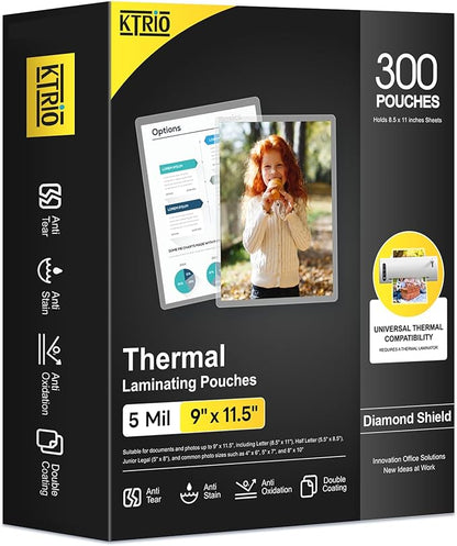 KTRIO 300 Pack Laminating Sheets 5 Mil, Hold 8.5 x 11 Inches Laminate Sheets, 9 x 11.5 Thermal Laminating Pouches for Laminator, Clear Lamination Sheets Paper, Letter Size, Office School Home Supplies