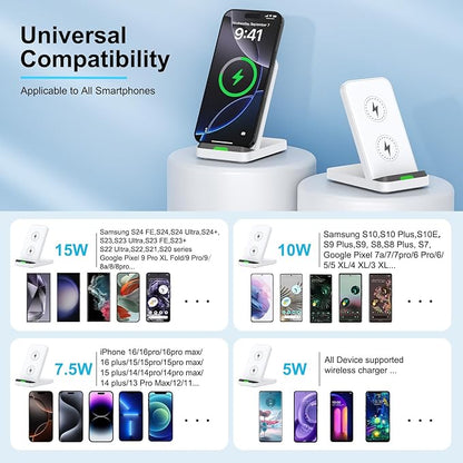 Wireless Charger Stand Fast Charging for Samsung Galaxy S25 S24 FE S23 S22 S21 Z Fold 7, Android Phone Desk Wireless Charging Station for Google Pixel 9 Pro XL Fold 8a 8 7, iPhone 16 15
