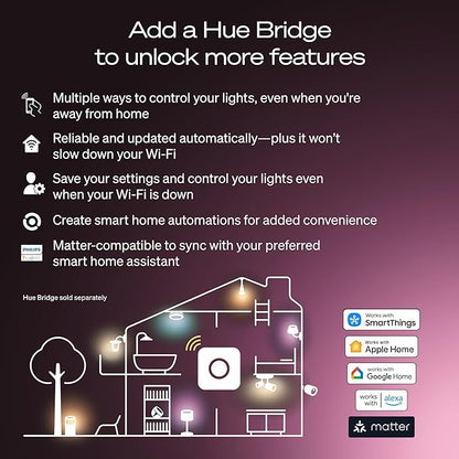 Philips Hue Smart LED A19 Bulb 1-Pack, White & Color Ambiance, E26 Base, 7.2W, Full Spectrum Light 1000K-20000K, 810 Lumens, Dimmable, Works with Alexa, Google, & Apple Home