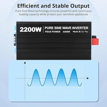 2200W Pure Sine Wave Inverter,1 USB Port 5v/2.4a,LCD Display&Remote Controller for Home, RV, Truck