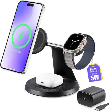3-in-1 Wireless Charging Station for Apple Devices - Fast Charging Station for iPhone and Watch with MagSafe, Stable Charger Stand for iPhone 17 Air 16 15 14 13 12 Series & iWatch & AirPods