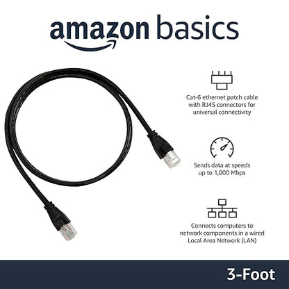 Amazon Basics RJ45 Cat 6 Ethernet Patch Cable, 1Gpbs Transfer Speed, Gold-Plated Connectors, 3 Foot for PC, TV, Tablet, Router, Printer, Black