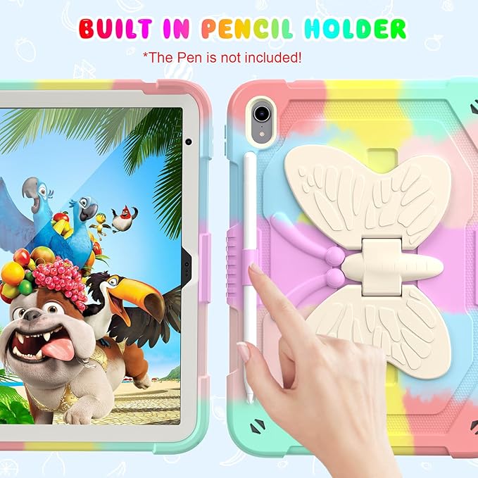 BLOSOMEET Cute Pink iPad A16 11th/10th Generation Case for Kids Girls 2025/2022 11/10.9 Inch with Tempered Glass Screen Protector & Stand, Kawaii Butterfly Cover with Pencil Holder Shoulder Strap