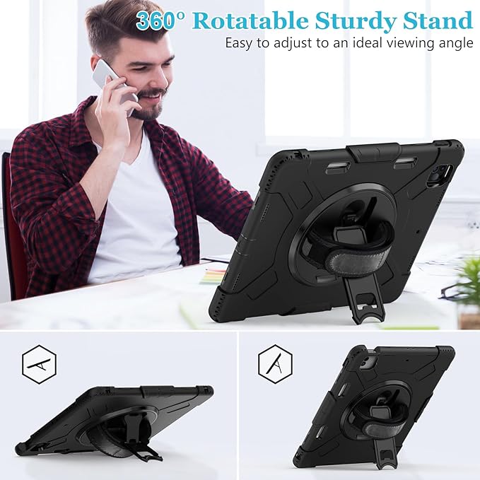 Case for iPad Pro 12.9 2022/2021/ 2020/2018: Cover for iPad Pro 12.9 6th/ 5th/ 4th/ 3rd Generation with Screen Protector- Stand- Pencil Holder- Handle- Shoulder Strap Black