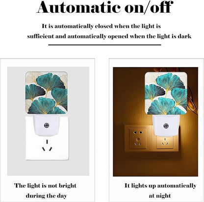 FSHVQKD Green Ginkgo Leaves Night Light,Plug Into Wall Decor for Stairway,Hallway,Kitchen,Dusk to Dawn Sensor Nightlights for Boys/Girls/Women/Men Room Gifts
