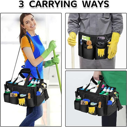 Boczif Cleaning Caddy Bag Wearable, Cleaning Caddy Supplies Organizer with Handle, Shoulder Straps & Detachable Divide, Cleaning Tool Organizers Tote Bag for Cleaners & Housekeepers（Black）
