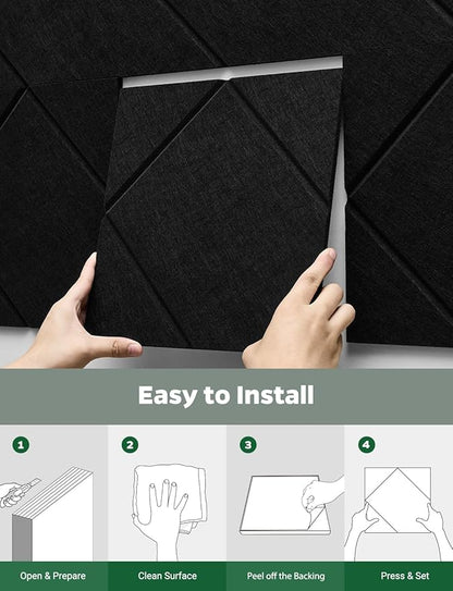 Topnaca Decorative Acoustic Soundproof Walls Panels for Room, 12 Pack Blcak Self Adhesive Sound Absorbing and Noise Reducing Tiles for Studio, Bedroom, Home Office, Ceiling, Pared, 12"x12"x0.4"