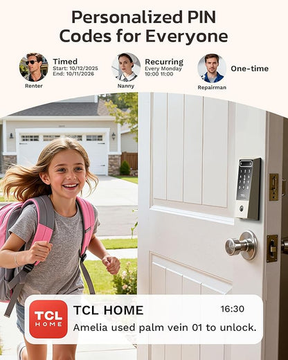 TCL D2 Pro Smart Lock with Palm Vein Recognition, 10000mAh Rechargeable Battery & Wi-Fi, Keyless Entry Door Lock, IP55 Weatherproof, Built-in Doorbell, Auto Lock, Brushed Nickel