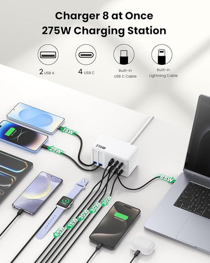USB C Charger 275W Charging Station with Retractable Dual Cables,Upgraded 8-in-1 GaN IV Fast Charging Hub Block+PD QC PPS 65W Laptop Adapter for MacBook Pro/Air,iPad,iPhone 17/Pro,Galaxy S24,Dell