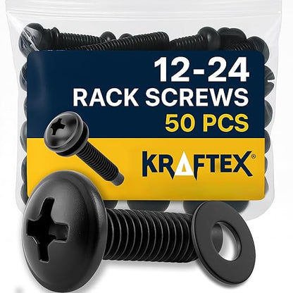 12-24 Rack Screws [50pk] – Rack Mount Screws with Nylon Washers for Server, Network, and Audio Equipment