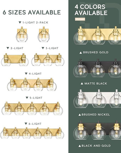 METWET Bathroom Light Fixtures, 6 Light Brushed Gold Vanity Light, 38 Inch Modern Wall Sconces with Globe Clear Glass Shade, Vanity Lighting Fixtures Over Mirror, VL195-BG-6