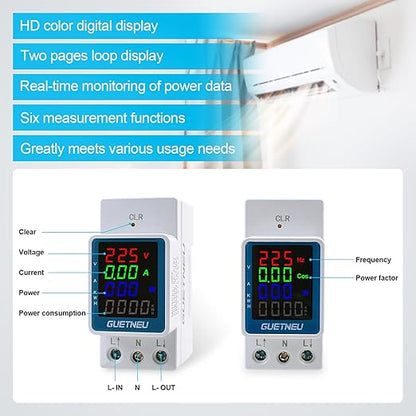 GUETNEU Color Digital Display Energy Meter Multifunction Tester Rail-Mounted Meter GT2P-E, 80270V AC, 0100A, 025KW, 50/60Hz. Measurement of Volts, Amps, Watts, Hertz, PF and Kilowatt-Hours