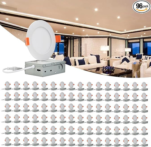 MKUJOO 96 Pack 6 Inch Ultra-Thin LED Recessed Ceiling Light with Junction Box,panel light,Daylight, 13W,2700K/3000K/3500K/4000K/5000K Selectable Dimmable Downlight ETL&FCC&CE and Energy Star Certified