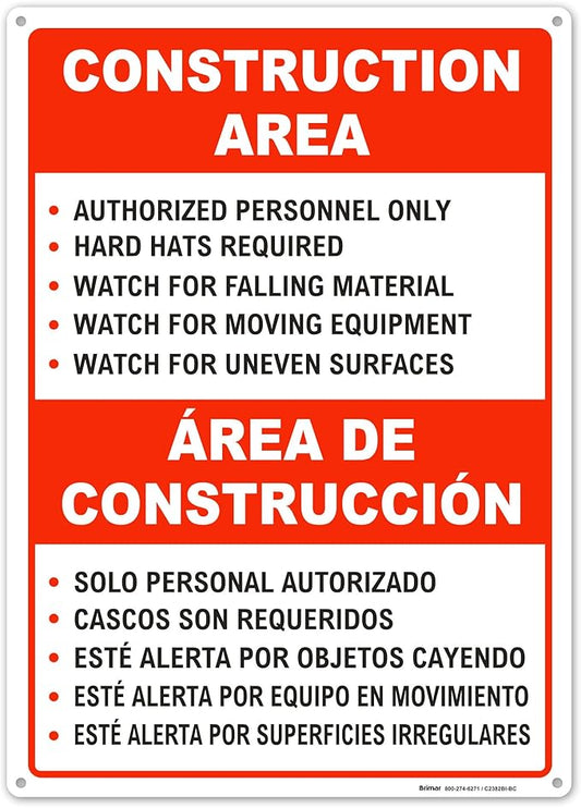 Brimar - 10" x 14" - Bilingual Construction Area Rules Sign - .055″ Polyethylene Plastic - Bilingual Design - Easy Installation